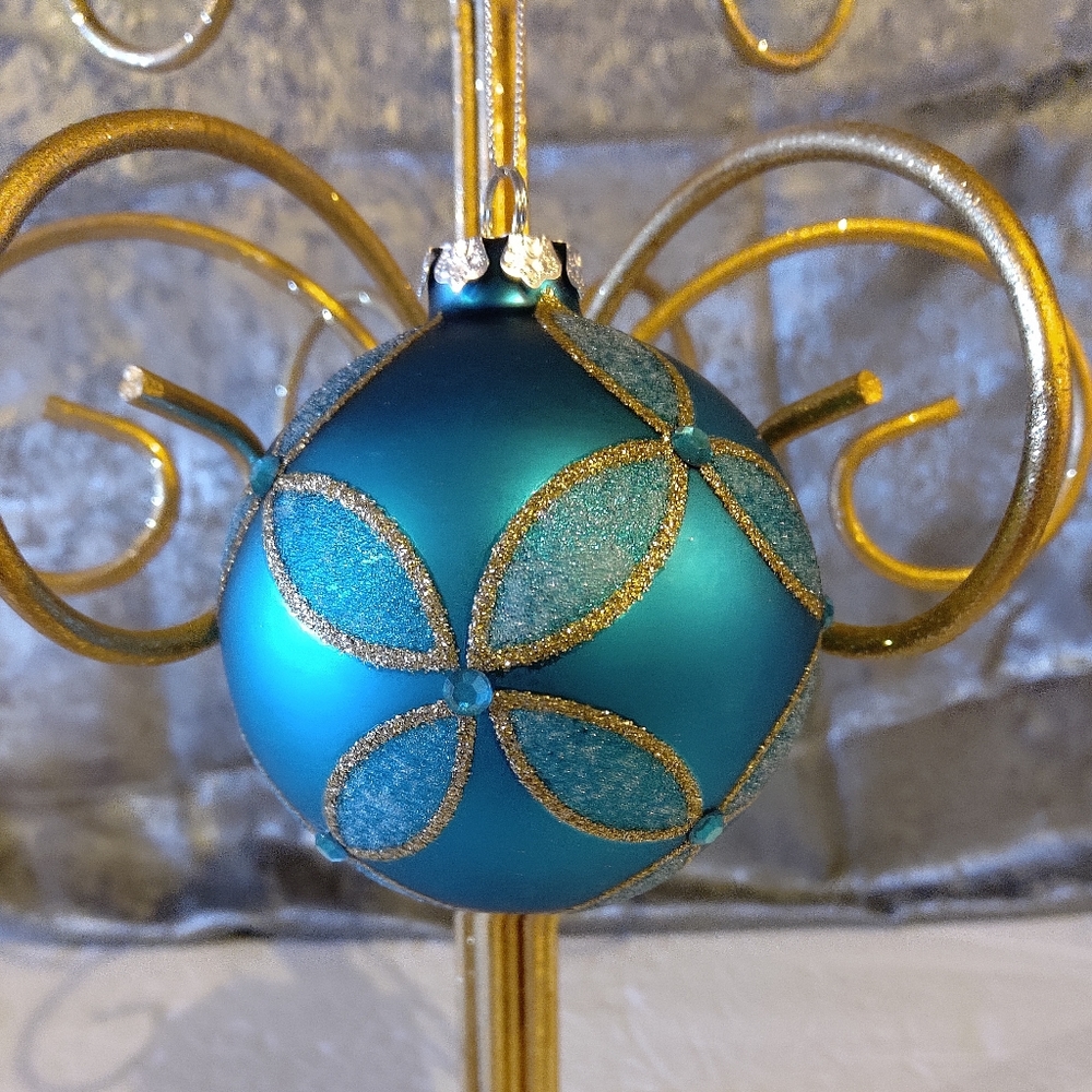 Vintage Glass Round Gold Teal Glitter Ornament